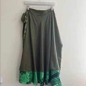 India Boutique Wrap Skirt‎ One Size Green Floral Reversible Maxi Boho Festival